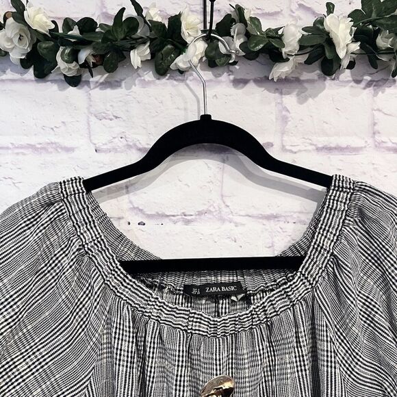 Zara Basic Size Small Plaid Off The Shoulder Puff Sleeve Mini Belted Dress - Picture 10 of 13